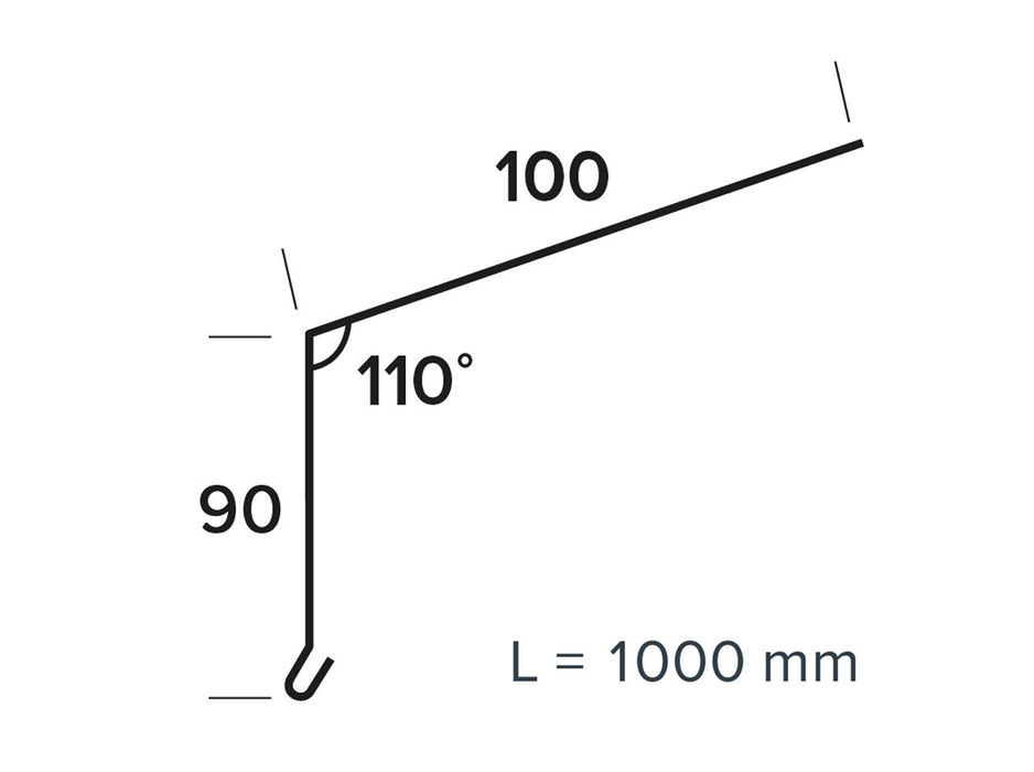 Fodblik 90mm ned og 100 mm 110° flange i sort alu RAL 9005 a 1m