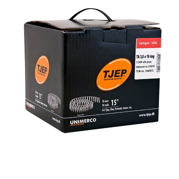 TJEP TA 30/19 Tagpapsøm 3,0x19 mm Tromle Varmgalvaniseret ringsøm - 3840 stk/kasse