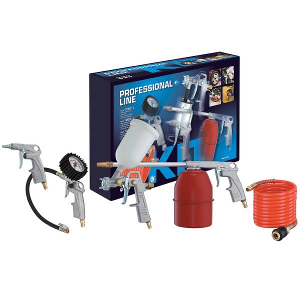 Trykluftssæt med spiralslange, blæse, pumpe, male og rensepistol