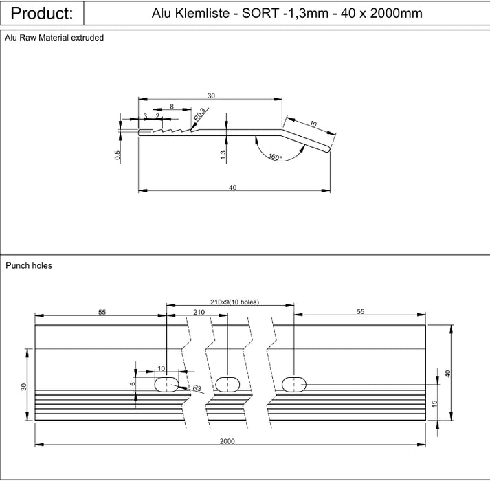 Klemskinne - sort alu - 1,3mm - 40X2000mm