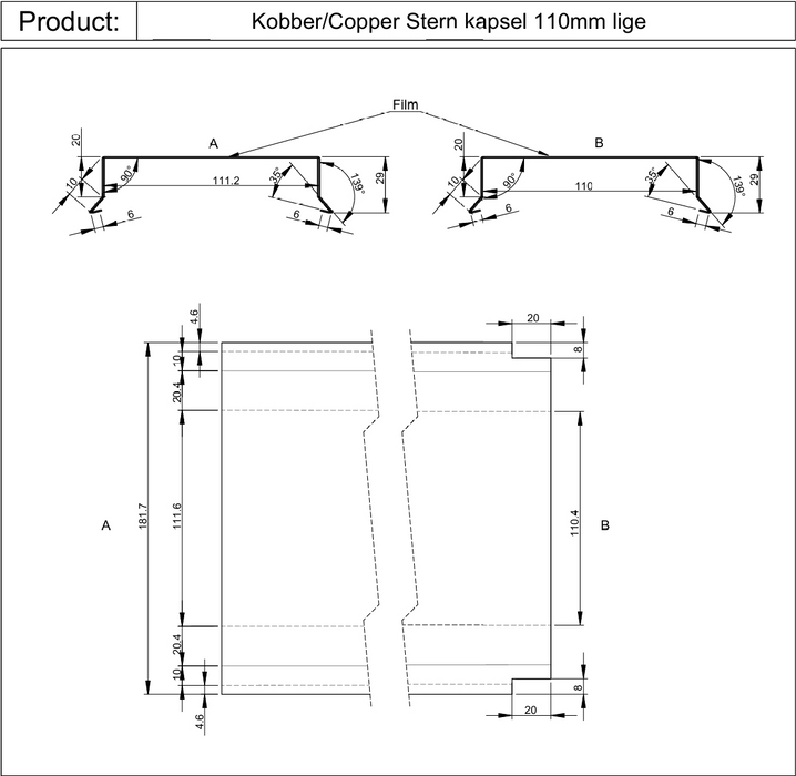 Kobber Sternkapsel 110mm lige 1 meter