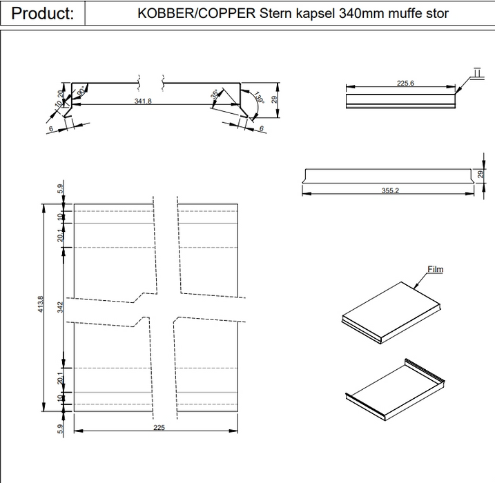 Sternkapsel muffe stor 340 mm – kobber – 225 mm