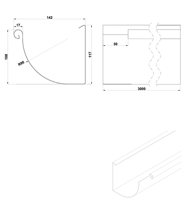 Plastmo stål plus nr. 14 arkitekt tagrende 1/4 rund 3 meter
