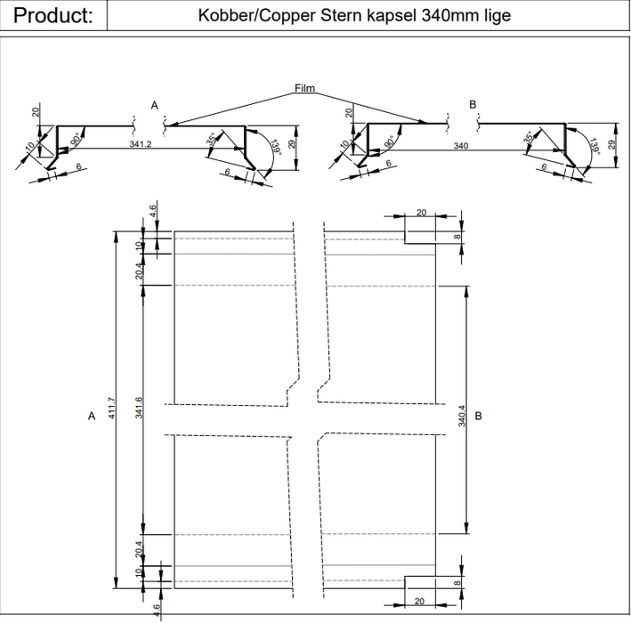 Sternkapsel lige 340 mm – kobber – 1 meter