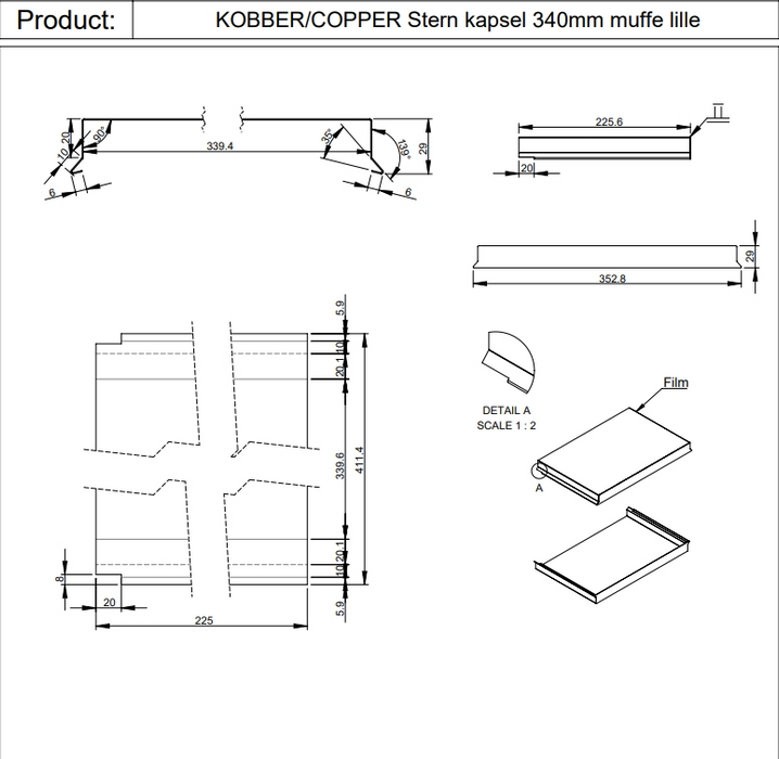 Sternkapsel muffe lille 340 mm – kobber – 225 mm