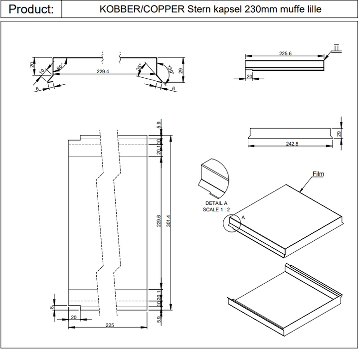 Sternkapsel muffe lille 230 mm – kobber – 225 mm