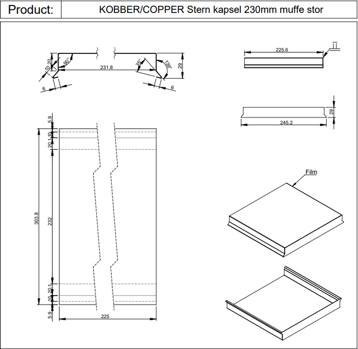 Sternkapsel muffe stor 230 mm – kobber – 225 mm