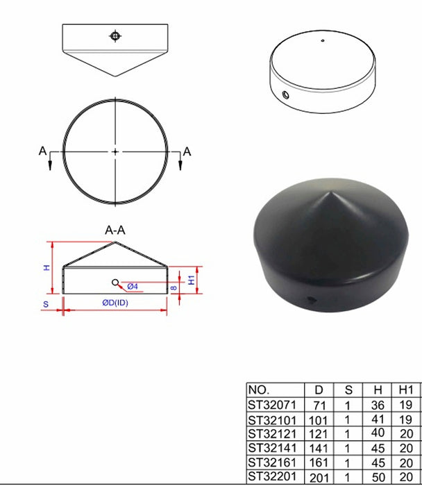 Stolpehat rund sort Ø121 mm