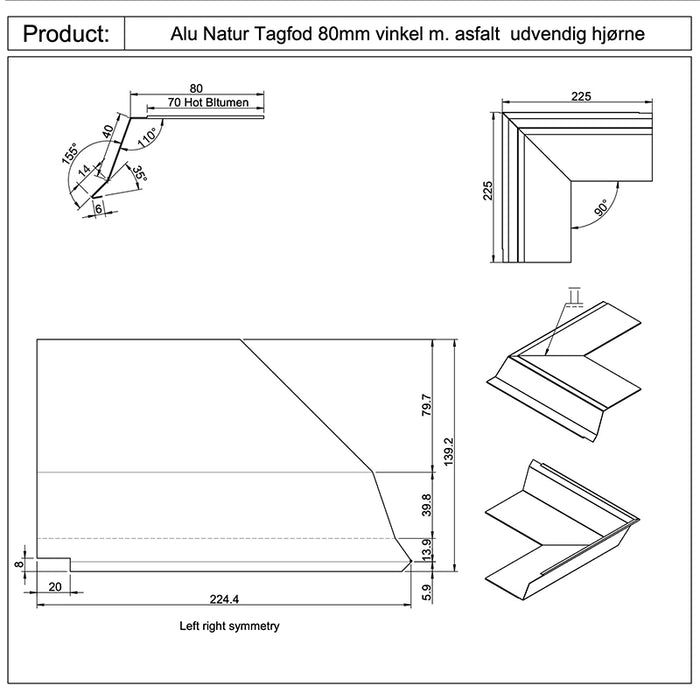 Tagfod 80mm hjørne udvendigt blank alu med asfalt