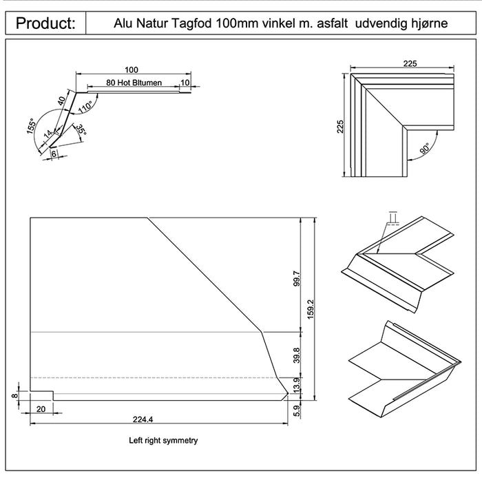 Tagfod 100mm hjørne udvendigt blank alu med asfalt