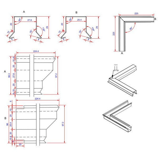 Sternkapsel 0,6x26x225 hjørne udvendigt Blank alu