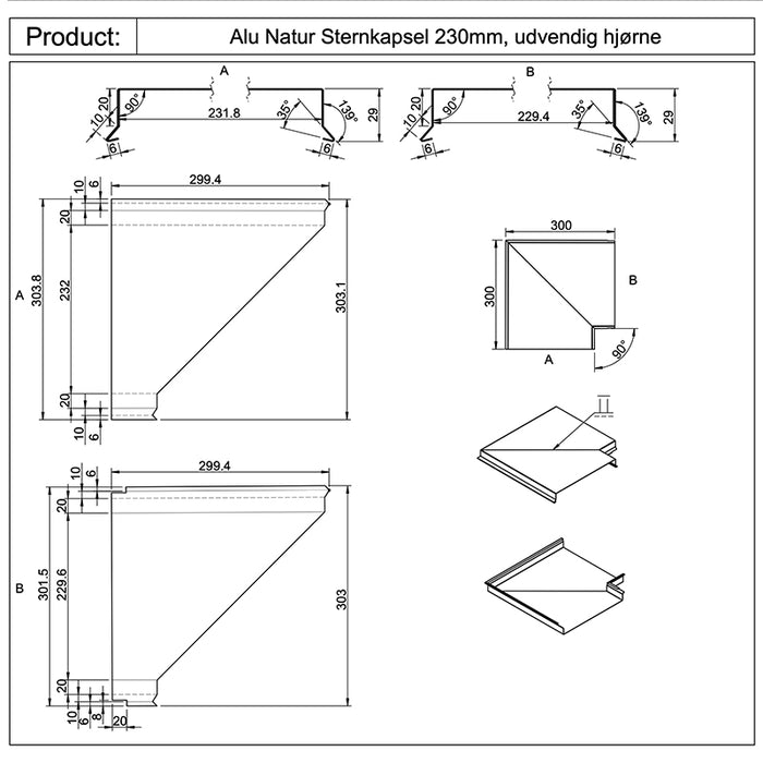 Murkrone / Sternkapsel – Udvendigt hjørne – 230 mm – L: 300 mm – Blank aluminium