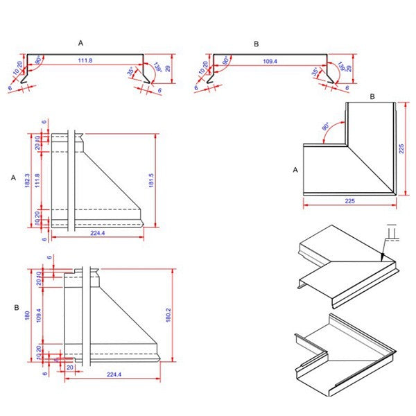 Sternkapsel 0,6x110x225 hjørne indvendigt Blank alu