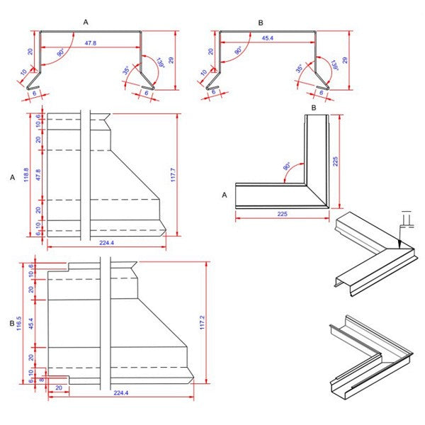 Sternkapsel 0,6x46x225 hjørne indvendigt Blank alu