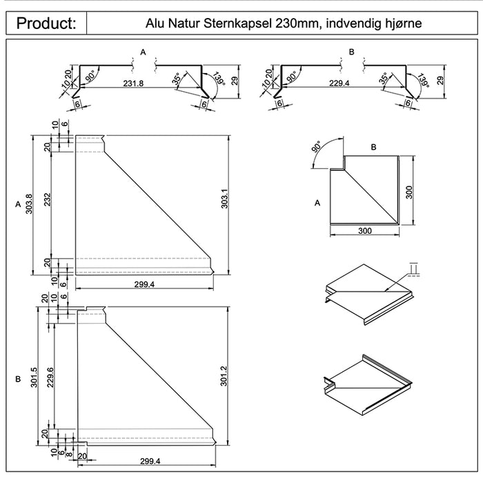 Murkrone / Sternkapsel – Indvendigt hjørne – 230 mm – L: 300 mm – Blank aluminium