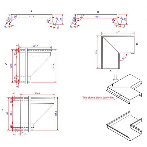 Sternkapsel 0,6x110x225 hjørne udvendigt Sort alu