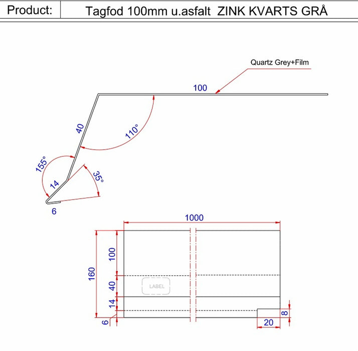 Tagfod 100mm u.asfalt KVARTS GRÅ ZINK