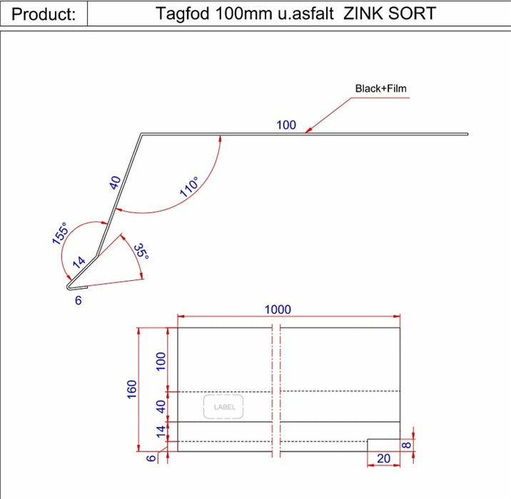 Tagfod 100mm SORT ZINK u.asfalt