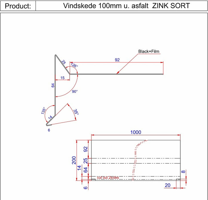 Vindskede 100mm - SORT ZINK uden asfalt