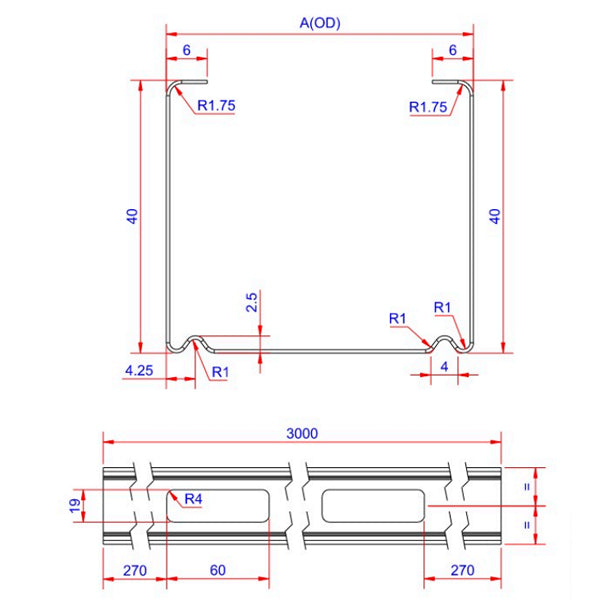 Stållægte til gips m/kabelhul 95 mm - 3 meter