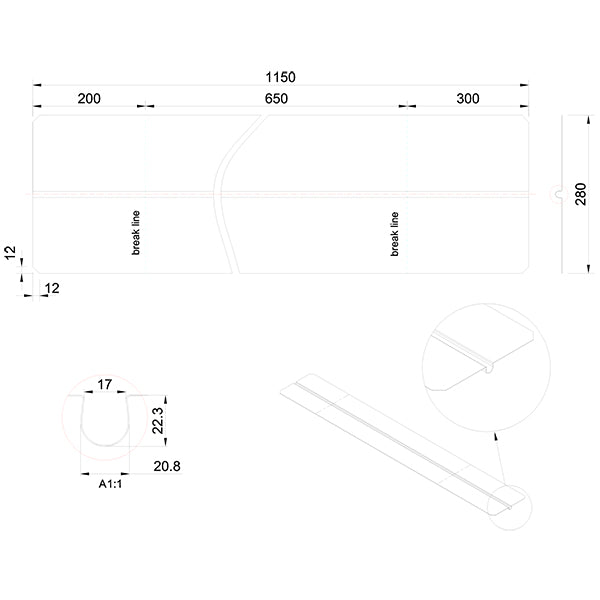Varmefordelingsplade alu 0,4x280x1150 mm t/Ø20 mm rør uden låsetap