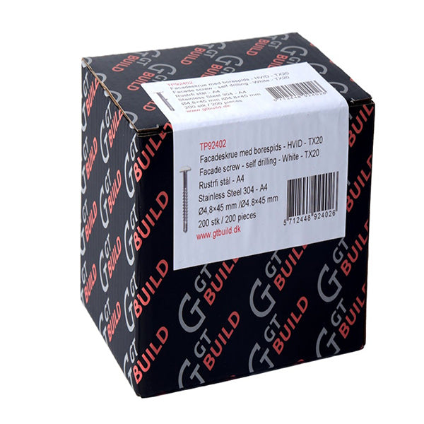 Facadeskrue m/borespids HVID TX20 A4 Ø4,8x45 mm 200 stk
