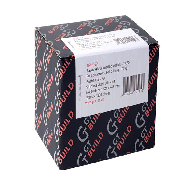 Facadeskrue m/borespids TX20 rustfri stål A4 Ø4,8x45 mm 200 stk