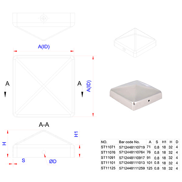 Stolpehat stål 101x101 mm