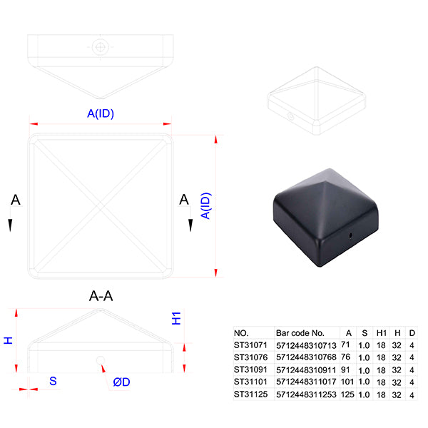 Stolpehat sort 91x91 mm