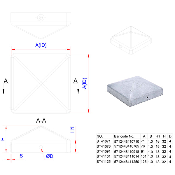 Stolpehat galvaniseret 76x76 mm