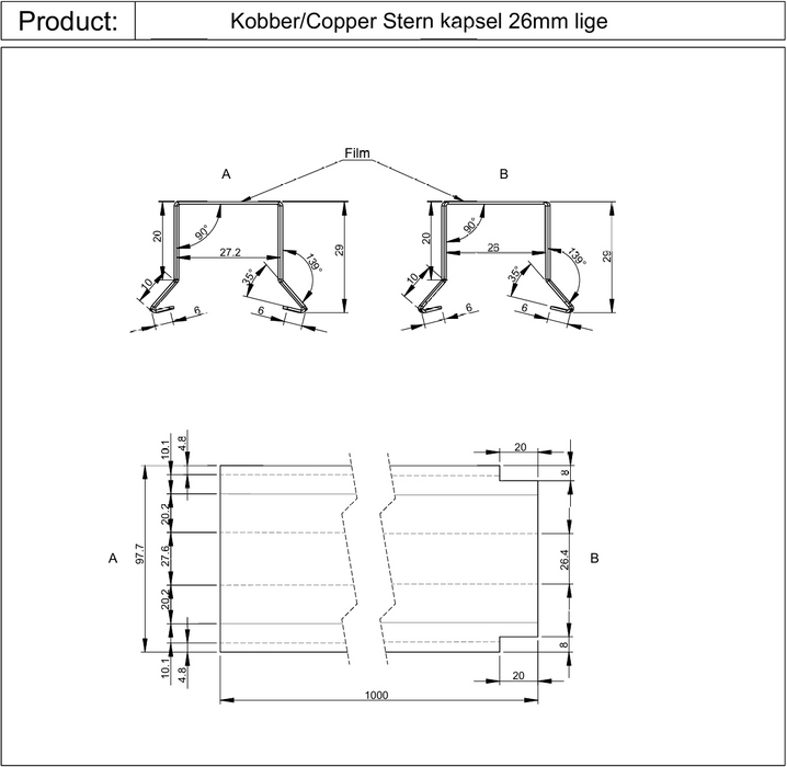 Sternkapsel lige 26 mm – kobber – 1 meter