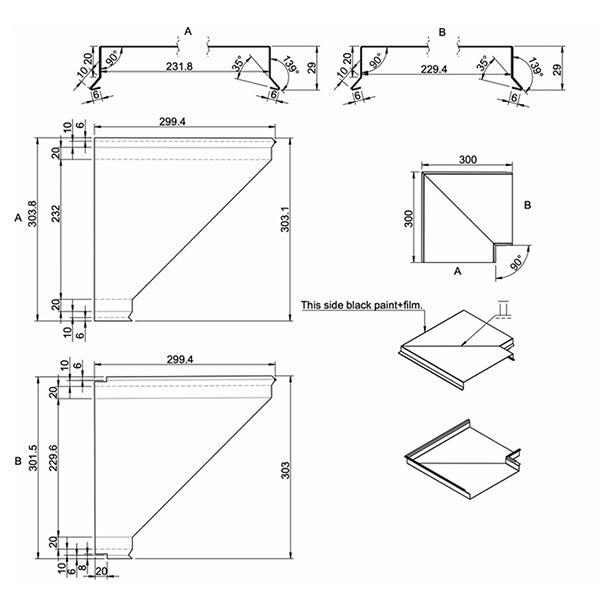 Murkrone / Sternkapsel – Udvendigt hjørne – 230 mm – L: 300 mm – Sort aluminium RAL 9005