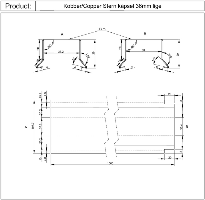 Sternkapsel lige 36 mm – kobber – 1 meter
