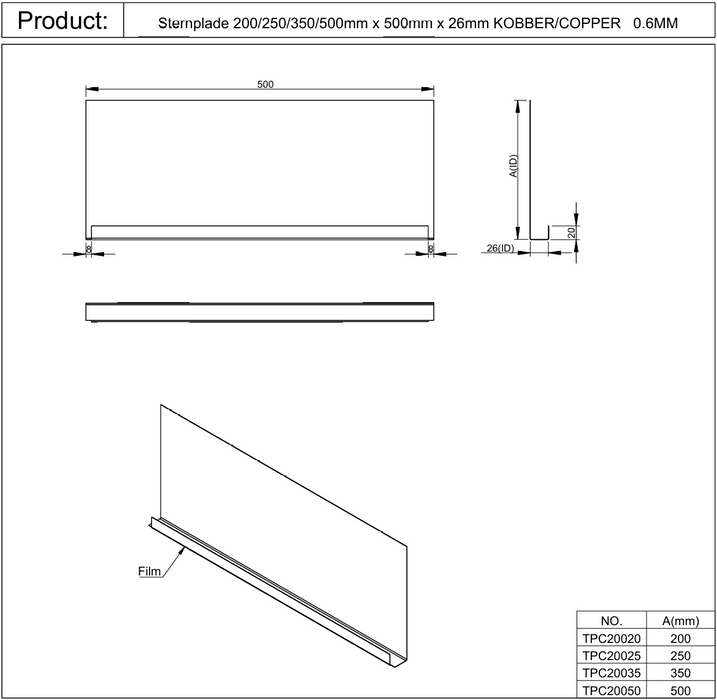Sternplade 200x500x26mm - kobber