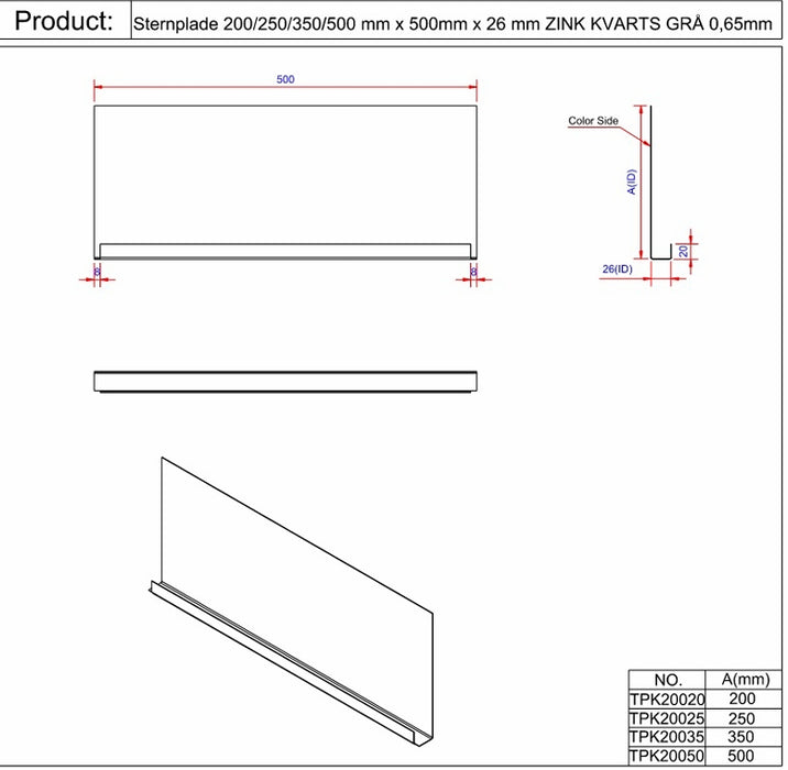 Sternplade - 500x500x26mm KVARTS GRÅ ZINK