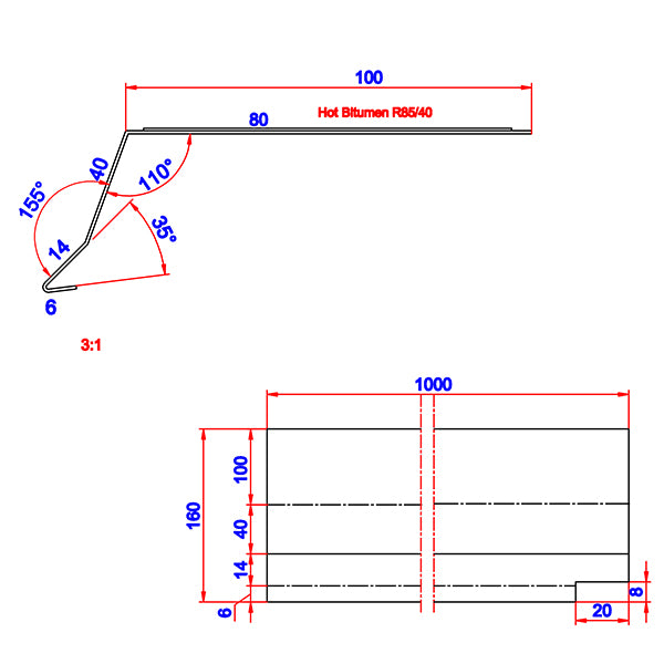 Tagfod 100 mm m/asfalt alu 60x100x1000 mm