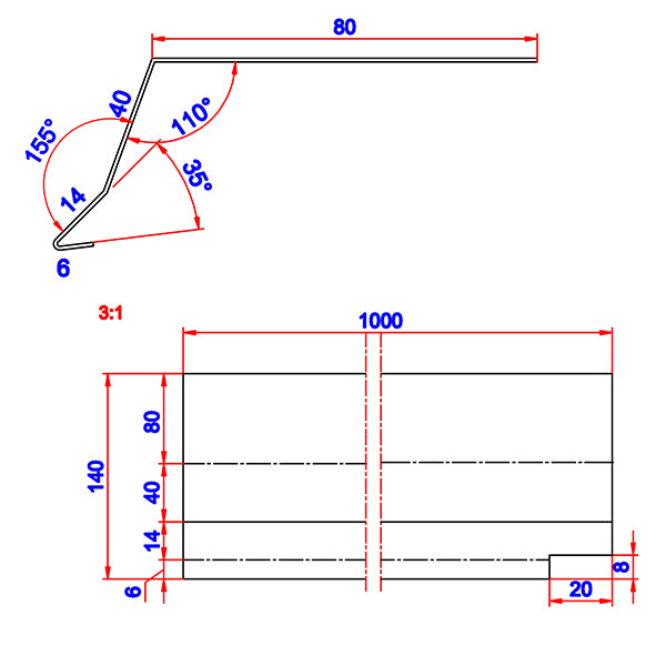 Tagfod 80 mm u/asfalt alu 50x80x1000 mm