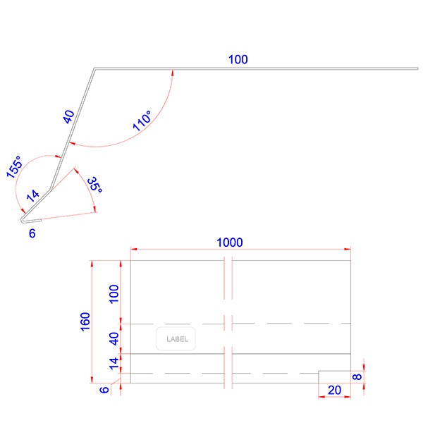 Tagfod 100 mm u/asfalt alu 60x100x1000 mm