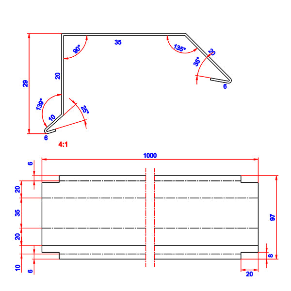 Sternkapsel 35 mm skrå alu 20x35x1000 mm
