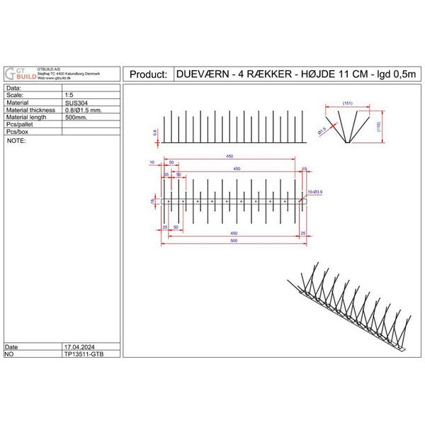 Dueværn 4 række, 11 cm x 500 mm