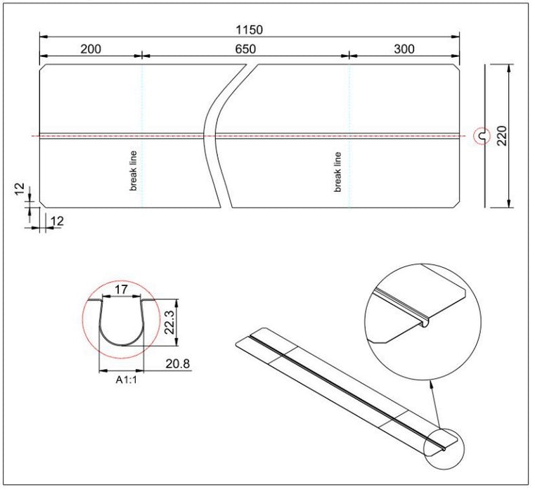 Varmefordelingsplade alu 0,4x220x1150 mm t/Ø20 mm rør uden låsetap