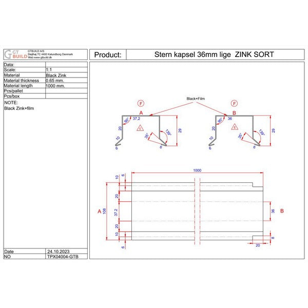 Sternkapsel 36 mm lige - SORT ZINK 20x36x1000 mm
