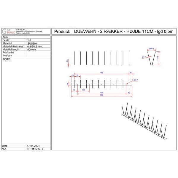 Dueværn 2 række, 11 cm x 500 mm