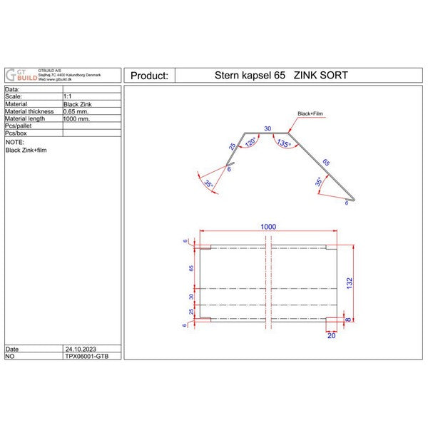 Sternkapsel 65 SORT ZINK 65x30x1000 mm
