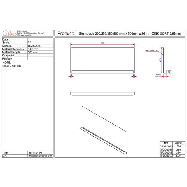 Sternplade 200x500x26 mm - SORT ZINK