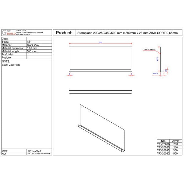 Sternplade 250x500x26 mm - SORT ZINK