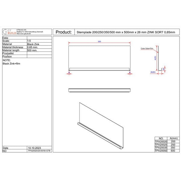 Sternplade 350x500x26 mm - SORT ZINK