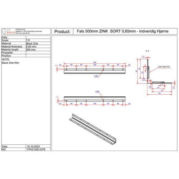 Fals 40x40x500 mm 90 grader (indvendig hjørne) - SORT Zink