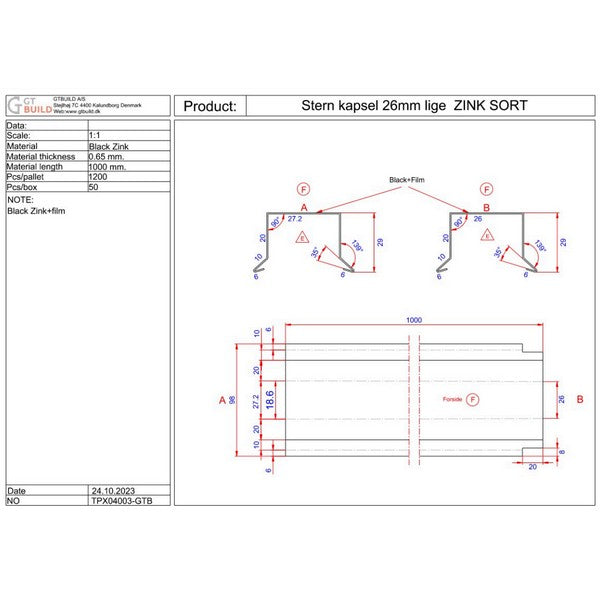Sternkapsel 26 mm lige - SORT ZINK 20x26x1000 mm