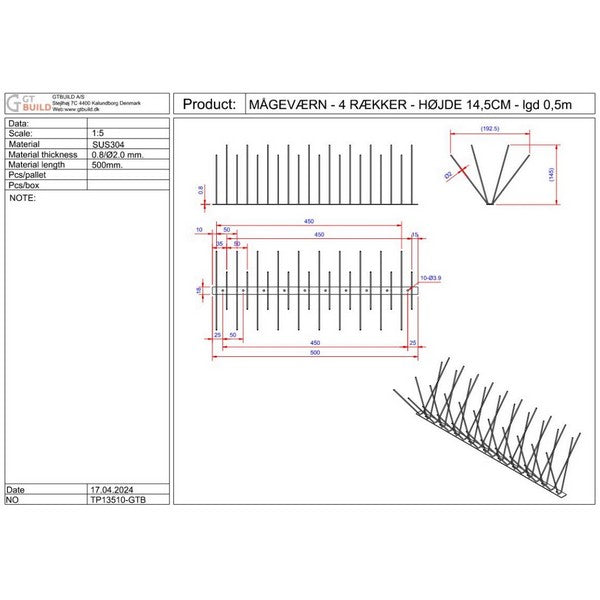 Mågeværn 4 række, 14,5 cm x 500 mm